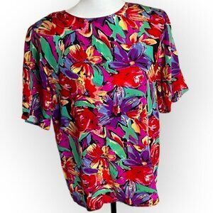 Vintage 1980's 100% Silk Tess Floral Top Lightly Padded Shoulders Size Small